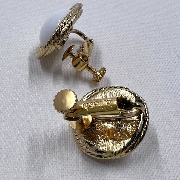 Napier - Large White Crew Back Earrings, Textured Gold Tone Rope .75” Diameter. - Picture 4 of 4